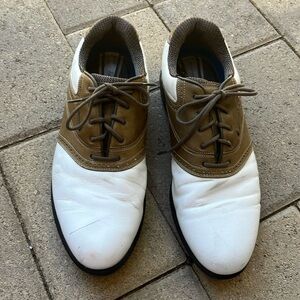 Nike Men’s Sz 9.5 Air Tour White Tan Leather Saddle Golf Shoe 309890